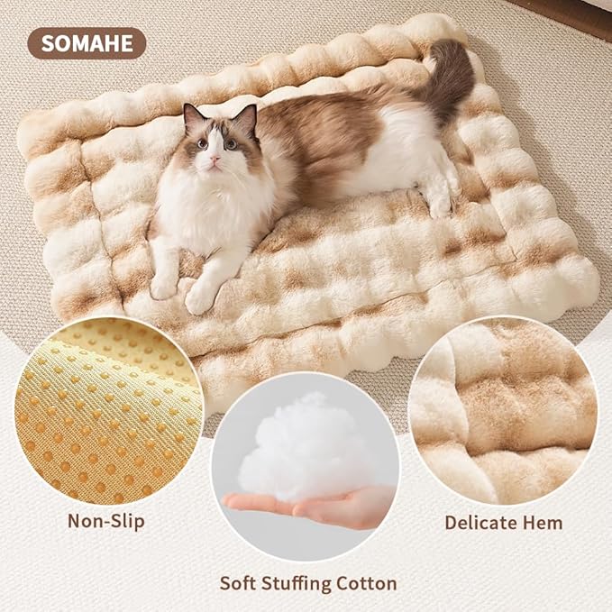Cat Bed, Plush Faux Fur Kneading Flat Mat - Machine Washable Fluffy Pet Bed for Indoor Cats, Non-Slip Small Kitten Bed, Therapeutic Knead Cat Mat for Couch & Window Sill, 23"×15" Inch,Camel