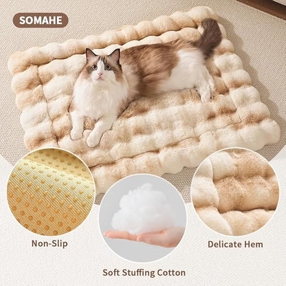 Cat Bed, Plush Faux Fur Kneading Flat Mat - Machine Washable Fluffy Pet Bed for Indoor Cats, Non-Slip Small Kitten Bed, Therapeutic Knead Cat Mat for Couch & Window Sill, 23"×15" Inch,Camel
