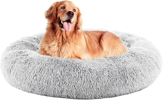 DUMOS 37.4x37.4 Inch Calming Donut Dog Beds for Large Dogs, Machine Washable Cuddler Warming Cozy Fluffy Faux Fur Plush Round Pet Bed, Anti-Slip Bed for Indoor Dogs and Cats, Grey