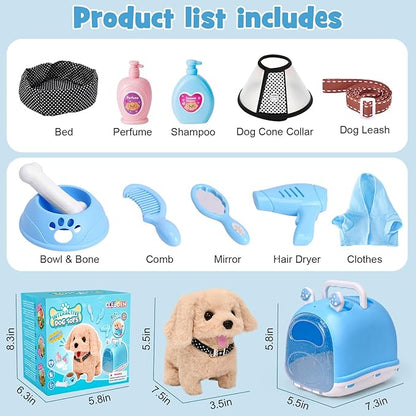 14pcs Robot Dog Toys for Kids Girls Boys 3-6, Realistic Electronic Interactive Plush Toy Dog with Walk & Bark, Pretend Play Puppy Pet Care Playset, 3 4 5 6 Year Old Girl Birthday Gift Ideas