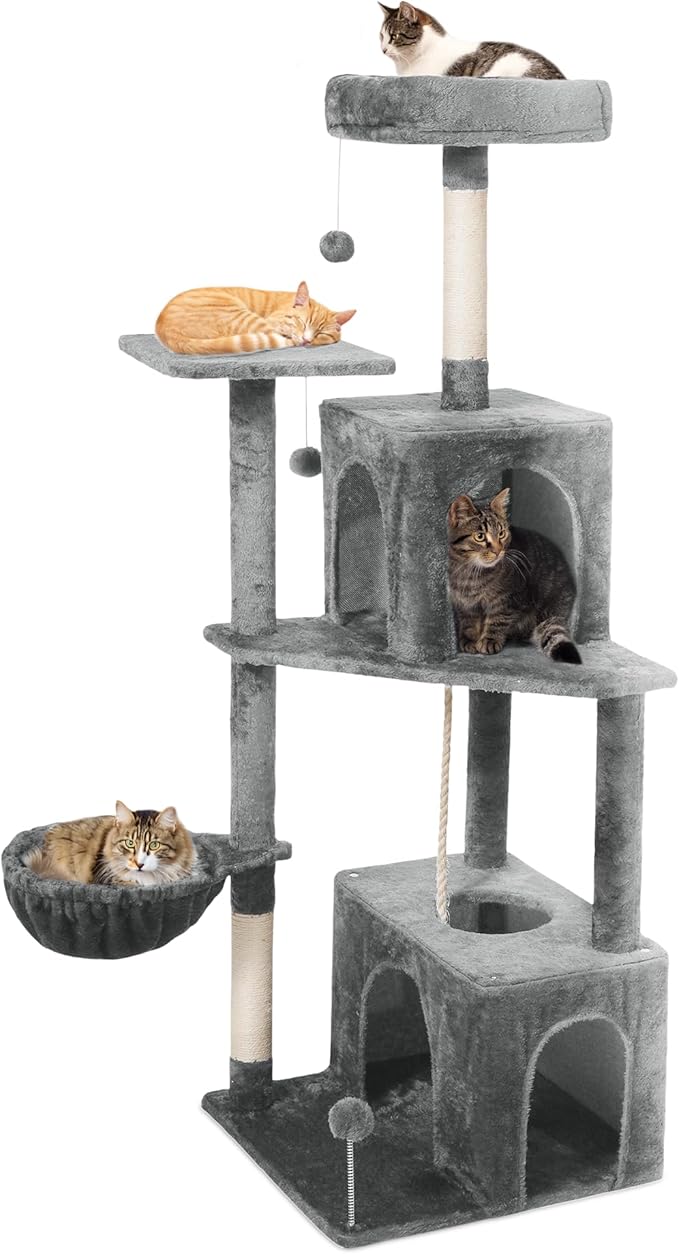 Cat Tree, 54-Inch Cat Tower for Indoor Cats, Soft Plush Multi-Level Climbing Cat Condo with Scratching Posts, Basket, Perches,2 Caves,2 Pompoms Play House for Cat(Gray)