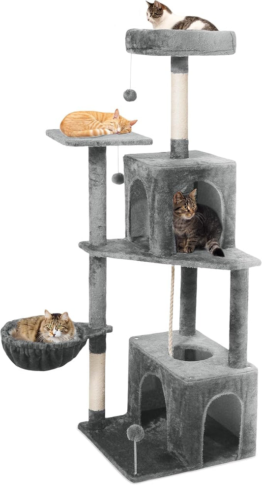 Cat Tree, 54-Inch Cat Tower for Indoor Cats, Soft Plush Multi-Level Climbing Cat Condo with Scratching Posts, Basket, Perches,2 Caves,2 Pompoms Play House for Cat(Gray)