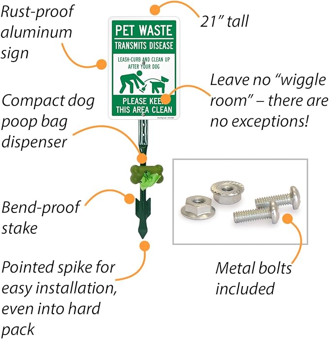 SmartSign Pet Waste Transmits Disease Leash/Curb/Clean Up Yard Sign & Clip-On Dispenser Combo/Kit, 7"x10" Aluminum Sign with 18-inch Steel Stake, Compact Dispenser Preloaded with a 15 Poop Bags Roll