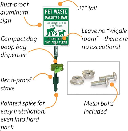 SmartSign Pet Waste Transmits Disease Leash/Curb/Clean Up Yard Sign & Clip-On Dispenser Combo/Kit, 7"x10" Aluminum Sign with 18-inch Steel Stake, Compact Dispenser Preloaded with a 15 Poop Bags Roll