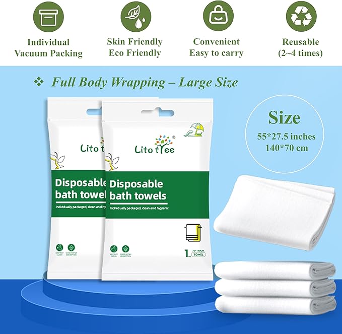 Disposable Bath Towels, Size 55" x 27.5", Ultra Soft, Quick Dry Thickened Body Towels, Camping Towel, Disposable Towels for Travel Beach Gym Sauna Spa, Travel Towels, Pet Towel (2)