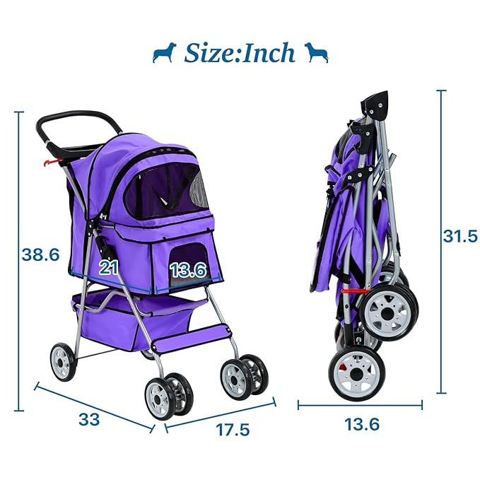 HHS Dog Strollers for Small Puppy Pet Stroller Dogs Cat 2, 4 Wheel Folding Travel Jogger Strolling Cart with Storage Basket, Cup Holder, Removable Liner, Purple, 17.5 (L) x 33 (W) x 38.6 (H) inches