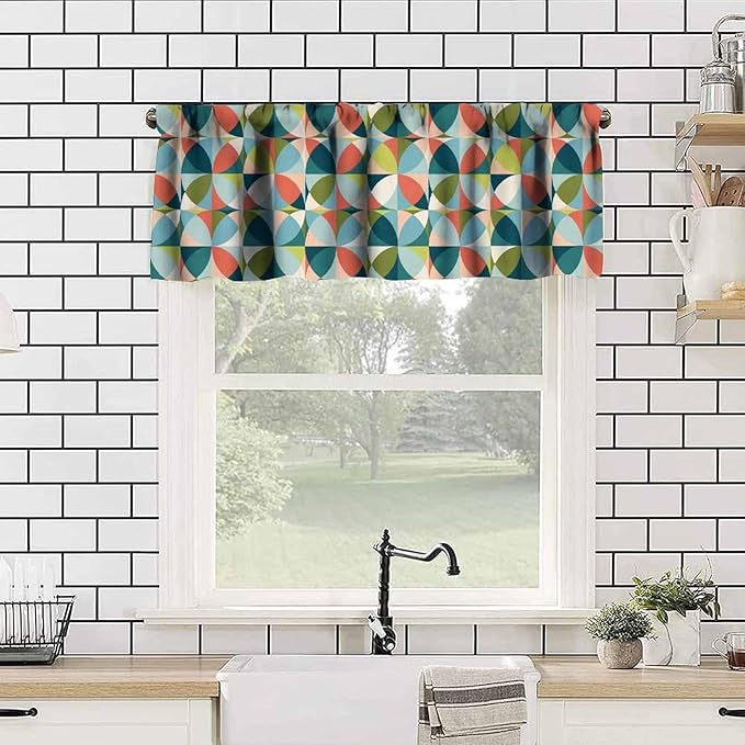 Mid Century Curtain Valance, Retro Abstract Geometric Circles Boho Vintage Classic Minimalist Window Valance Curtains for Farmhouse Bedroom Living Room Kitchen 54x18inch
