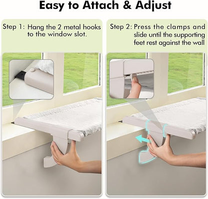 Window Sill Mount Cat Perch for Indoor Cats, One-Step Sliding Clamping Slot Adjustment Cat Hammock with Washable Cover, No Suction Cups Pet Bed for Windowsill & Bedside (Large)