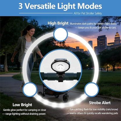 Pet Stroller Light, Solar Powered Safety LED Light for Dog Stroller, Bicycle Basket, Jogger – Waterproof, USB Rechargeable, Clip-on Night Walking Lamp