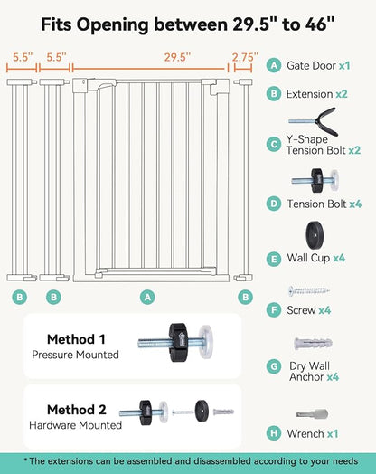COMOMY 36" Extra Tall Baby Gate for Stairs Doorways, Fits Openings 29.5" to 46" Wide, Auto Close Extra Wide Dog Gate for House, Pressure Mounted Easy Walk Through Pet Gate with Door, Black