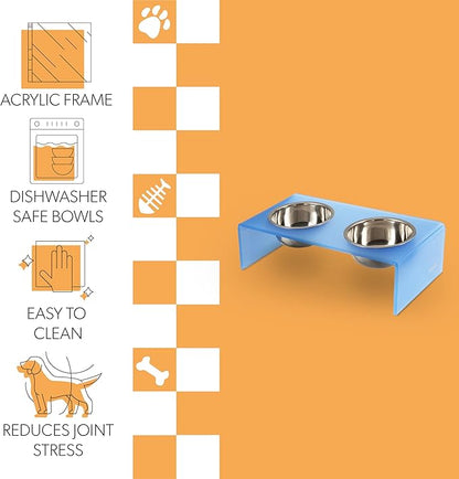 The LICKER Store DBL2001C Keaton 7.5" Medium/Large Modern Acrylic Rectangular Elevated Pet Feeder with 54oz 2-Stainless Steel Bowls, Blue/Chrome