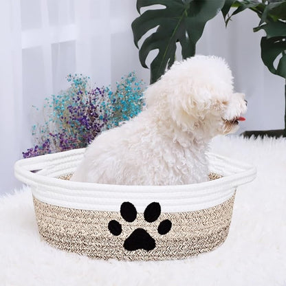 ABenkle Small Woven Basket with Handle, Cute Dog Paw Baskets for Gifts Empty, Decorative Rope Woven Storage Dog Toy Basket, Nursery Baskets for Baby Shower, 12" x 8" x 5"