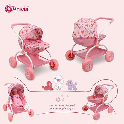 ANIVIA Doll Stroller Toy Realistic Doll Stroller Heart Design Gifts for Toddlers and Girls Foldable Baby Doll Stroller Toy