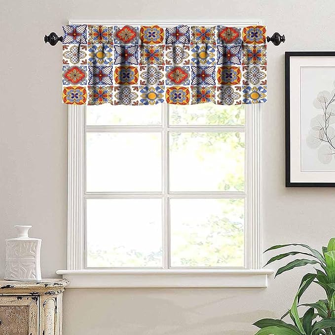 Mexico Valances Curtain for Kitchen, Mexican Talavera Ceramic Tile Patchwork Pattern Window Treatment Valances Short Curtains Rod Pocket Drape for Dining Room Home Farmhouse Decor, 54x18inch