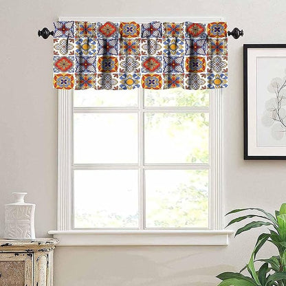 Mexico Valances Curtain for Kitchen, Mexican Talavera Ceramic Tile Patchwork Pattern Window Treatment Valances Short Curtains Rod Pocket Drape for Dining Room Home Farmhouse Decor, 54x18inch