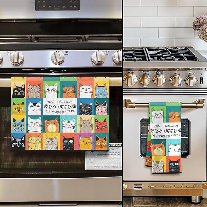 Cat Kitchen Towels - Quick-Dry Grid of Adorable Feline Cubby Art with Proud Collection Declaration, Decorative Dish Towel for Cat Lady Essentials & Whimsical Pet Mom Gifts | Humorous Hand Cloth