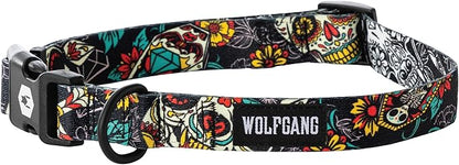Wolfgang Heavy Duty, Adjustable Dog Collar with Quick Release Nylon Buckle for Walking & Training, LosMuertos Print, Small