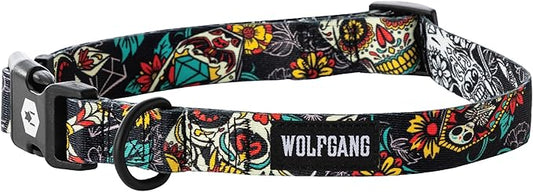 Wolfgang Heavy Duty, Adjustable Dog Collar with Quick Release Nylon Buckle for Walking & Training, LosMuertos Print, Small