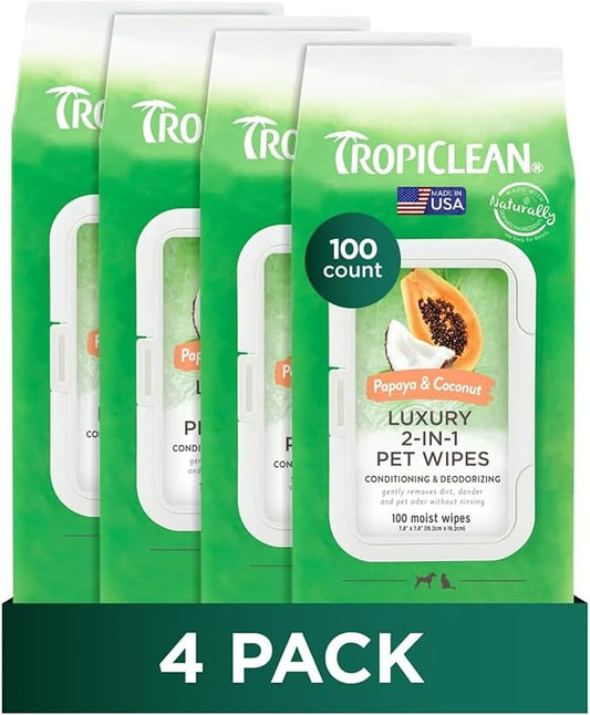 TropiClean Papaya & Coconut Dog Wipes for Paws and Bottom | Deep Cleaning Dog Grooming Wipes | Safe for The Face | Cat Friendly | 400 Count