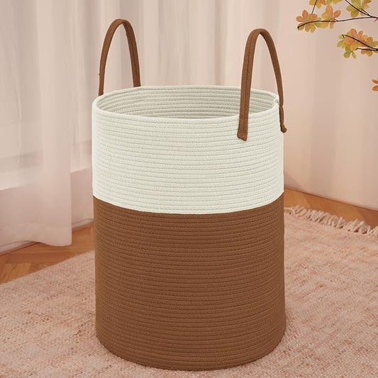 Large Woven Laundry Basket Hamper,100L Cotton Rope Storage Bin for Blankets,Toys and Clothes,Decorative Tall Nursery Hamper for Living Room,Baby Nursery,Bathroom and Bedroom,White and Brown