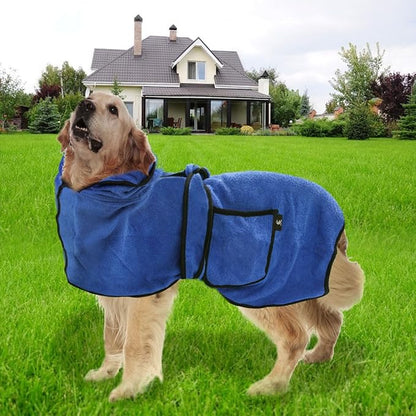 Dog Bathrobe Towel with Double Pocket, Wearable Dog Towel Super Absorbent Fast Drying, Soft Bath Robe with Hat and Belt for Medium Large Pet (Large:Back Length 23"/60 cm)