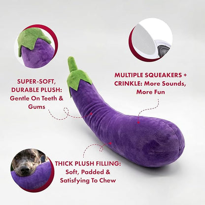 Pet Lou 29 Inch Eggplant Plush Dog Toy for Soft Chewers, Extra-Long Squeaky & Crinkle Dog Toy, Super Soft Stuffed Anti-Boredom Pet Plush Toy