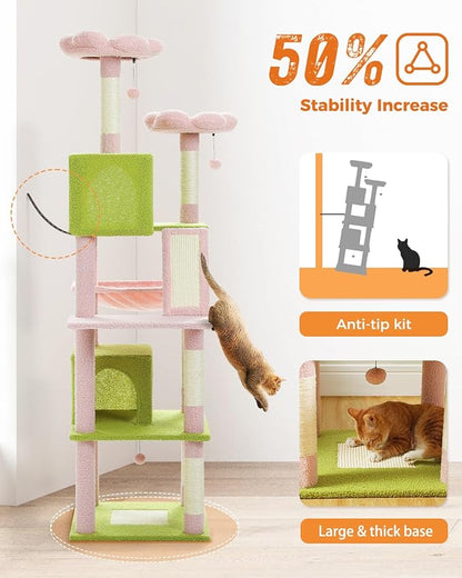 PEQULTI 71'' Cat Tree for Indoor Cats with Big Hammock, Tall Cat Tower for Large Cats with 2 Cat Condo, 2 Soft Top Perch, Scratching Posts and Pad, Pink