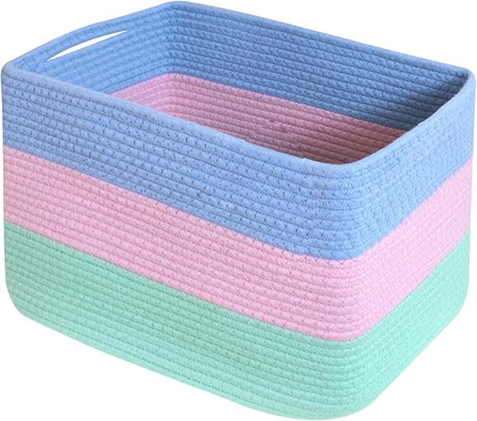 Hopegiver 1 Pack Rainbow Woven Storage Baskets for Shelves, 15x11x10 Inch Cotton Rope Decorative Organizer Bins for Blanket Clothes Book Baby Pet, Colorful Toy Basket for Playroom, Kids Room, Nursery