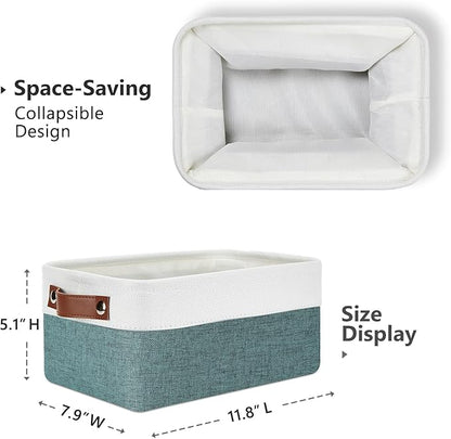 DULLEMELO Set of 6 Small Baskets for Organizing, Small Fabric Storage Bins for Storage, Collapsible Storage Bins with Handles for Shelves, Closets (11.8"x7.9"x5.1", White&Deep Green)