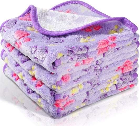 Tatuo 4 Pcs Dog Blanket for Pet Cat Blankets Indoor Puppy Teething Stuff Toys Paw Print Fleece Soft Blanket Sleep Mat for Guinea Pig Cage(Purple,Medium(30 x 20.5 Inch),Square)