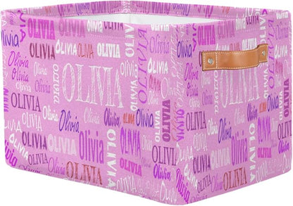 Personalized Storage Bins, Customized Name Storage Basket Rectangle Clothes Organizer for Organizing Kids and Pets Toys Shelf Closet, Pink Color Background