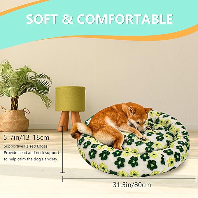 31 Inch Calming Dog Bed for Medium Dogs, Round Anti-Anxiety Warm Bed, Soft Cozy Anti-Slip Donut Washable Pet Bed, Fits up to 50 lbs Pets