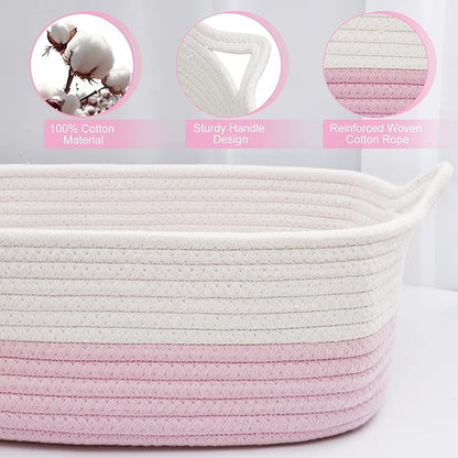 ABenkle Small Storage Basket with Handles, Cotton Rope Woven Dog Cat Toy Bin, Decorative Shelves Closet Organizing for Nursery Laundry Bedroom Bathroom, 14.2''x 11''x 5.1''