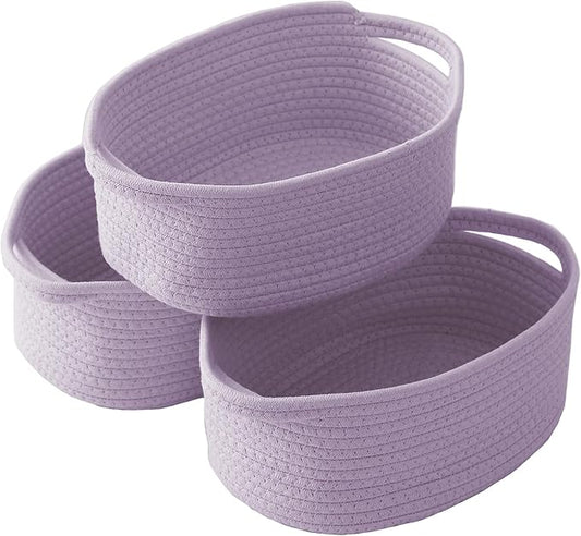 Woven Basket,Small Rope Storage Bin with Handles & Ribbon Bag, Organizer for Shelves Closets,Gift Basket Empty for Birthday,Books,Dog Toys, Purple/3 Pack