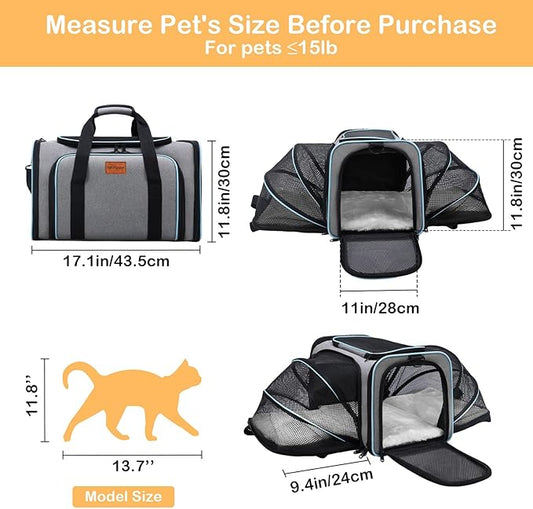 Expandable Airline Approved Pet Carrier, Soft-Sided Travel Bag for Small Cats Dogs with Hard Shell Base, Removable Fleece Pad, Ventilated Mesh, Gray (Blue Trim)