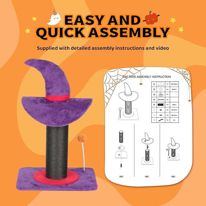 VINGLI 23.7in Wizard Hat Cat Scratching Post with Spring Ball Toy for Indoor Cats, Halloween Cat Scratcher with Purple Wizard Hat Design, Sisal Wrapped Cat Scratcher