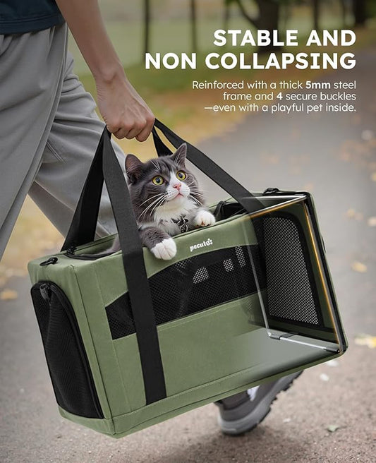 Pecute Cat Carrier Stable, Pet Carrier with Hidden Anxiety Relief Partition & Stable Steel Frame, Safe Cat Carrier for Car Travel, Soft-Sided Dog/Cat Carrier Bag for Pets Up to 11lbs, Green