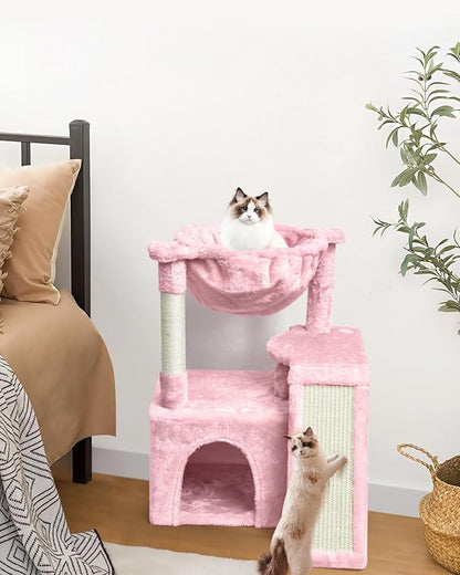 SYANDLVY Cat Tree for Indoor Cats Large Adults, Modern Activity Tower with Scratching Posts & Board, Condo with Plush Perch, Climbing Stand with Cradle & Hanging Ball for Play, Pink