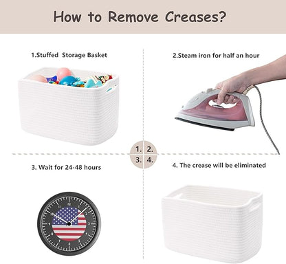 Set of 4 White Rope Basket for Shelves Woven Rectangle Storage Basket Bins for Nursery Toy Storage for Baby Girl