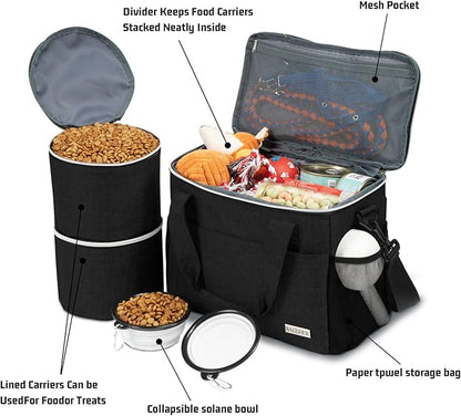 BAGLHER Dog Travel Bag Backpack Pet Supplies Backpack Pet Accessories Storage Bag 5-Piece Set With Shoulder Strap 2 Lined Pet Food Containers 4 Foldable Feeding Bowls Essential Kit for Pet travel