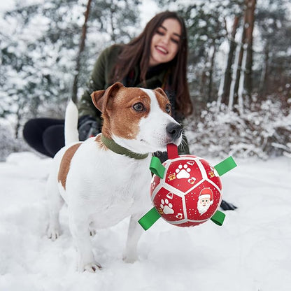 QDAN Small Christmas Dog Toys, Soccer Ball with Straps, Outdoor Interactive Toys for Tug of War, Puppy Birthday Gifts, Water Toy, Durable Dog Balls for Puppy (5 Inch)