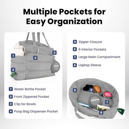 rubyloo Puffer Dog Travel Bag for Dog Moms – Doggy Diaper Bag with Pet Bowls & Food Storage or Everyday Puffy Tote – Doggy Mom Gifts for Women – Lightweight, Travel-Ready Gift for Pet Lovers - Grey