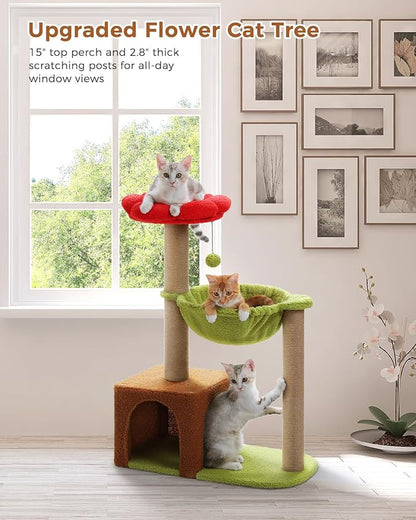 MUTTROS Flower Cat Tree with Sisal Scratching Posts, 35" Cute Cat Tower with Large Green Hammock for Small Indoor Cats, Cat Condo with Removable Flower Bed for Kittens, Brown