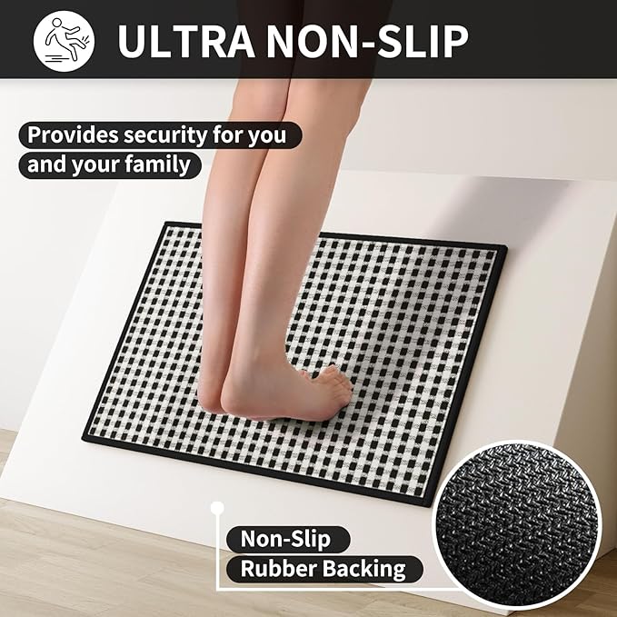 Long Kitchen Runner Rugs Kitchen Mat Non Slip Washable, Super Absorbent Soft Chenille Braided Kitchen Mats for Floor, Rubber Backing Kitchen Floor Sink Standing Mat, Easy Clean, Black 17"x71"