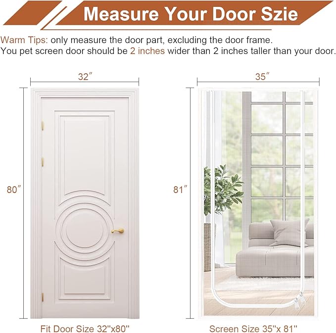 Dixutzi Reinforced Cat Screen Door Fits Door Size 32''x 80'', Heavy Duty Pets Proof Screen Door with Zipper, Prevent Dogs Cats Running Out from Home (White)