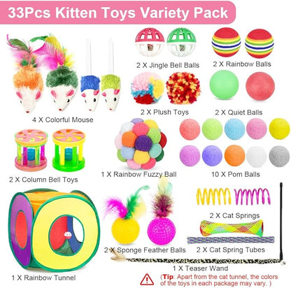 Retro Shaw Cat Toys Pack 33Pcs, Interactive Kitten Toys for Indoor Cats Kitty with Collapsible Play Tunnel Tent, Feather Teaser Wand Bell Balls Springs Mouse Toys for Boredom Relief & Exercise