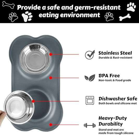 AsFrost Dog Food Bowls Stainless Steel Dog Food and Water Bowl Set, Dog Dishes No Spill Non Slip Silicone Mat, Dog Bowls for Small Medium Size Dogs Cat Puppy Pet Food Feeding Bowls, Grey, 12oz