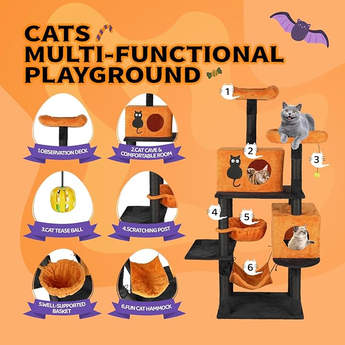 VINGLI 61.1in Halloween Cat Tree, Large Cat Tower with 2 Cat Condos, 2 Padded Perches, 2 Hammocks, Scratching Posts & Hanging Toy, Black & Orange Multi-Level Cat Furniture for Large Cats