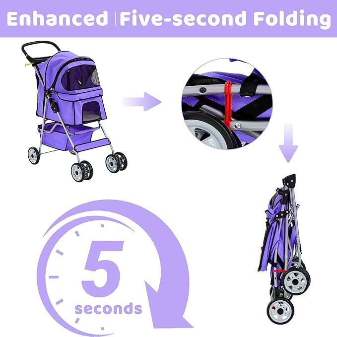 Pet Stroller for Small Medium Dogs & Cats, 4-Wheel Breathable Compact Foldable Dog Carrier with Storage Basket, Outdoor Portable Lightweight Travel Stroller for Camping,Purple
