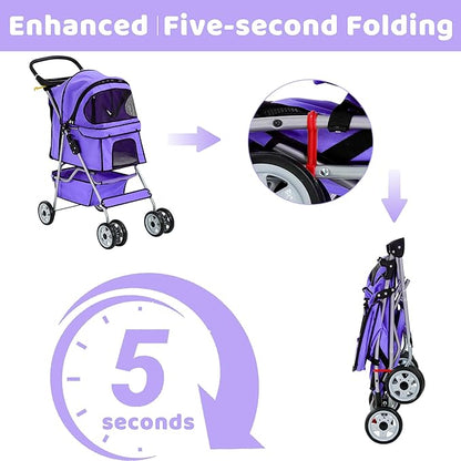 Pet Stroller for Small Medium Dogs & Cats, 4-Wheel Breathable Compact Foldable Dog Carrier with Storage Basket, Outdoor Portable Lightweight Travel Stroller for Camping,Purple